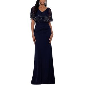 Betsy & Adam Dark Blue Maxi Dress with Beaded Accents